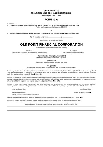 Thumbnail Old Point Financial 10-Q Quarterly Report FY2012 