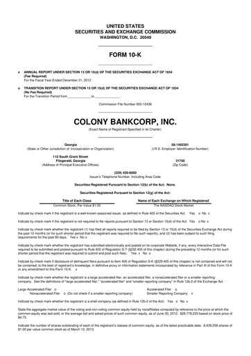 Vorschaubild Colony Bankcorp 10-K Jahresbericht 2012
