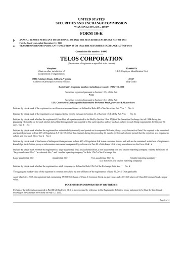 Thumbnail Telos 10-K Annual Report 2012