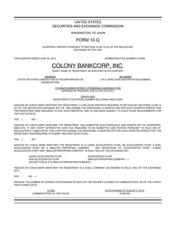 Vorschaubild Colony Bankcorp 10-Q Quartalsbericht 2013 