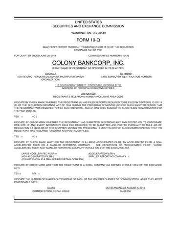 Vorschaubild Colony Bankcorp 10-Q Quartalsbericht 2014 