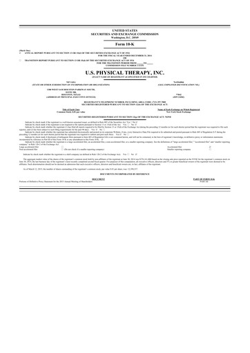 Miniature U.S. Physical Therapy, Inc. 10-K Rapport annuel 2014