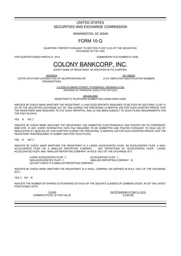 Vorschaubild Colony Bankcorp 10-Q Quartalsbericht 2015 