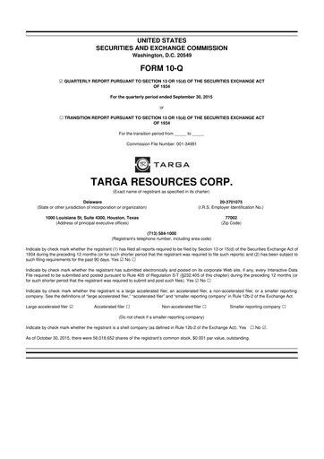 Thumbnail Targa Resources
 10-Q Quarterly Report FY2015 