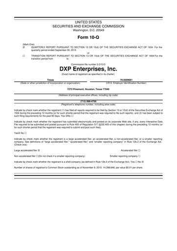 Thumbnail DXP Enterprises 10-Q Quarterly Report FY2015 