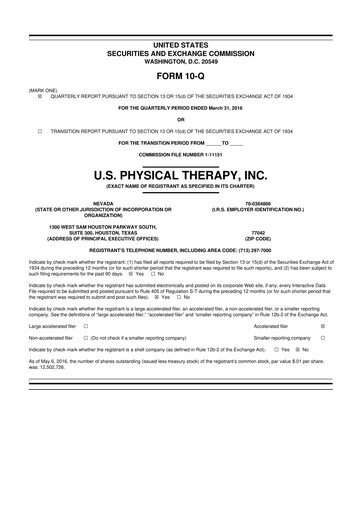 Thumbnail U.S. Physical Therapy, Inc. 10-Q Quarterly Report FY2016 