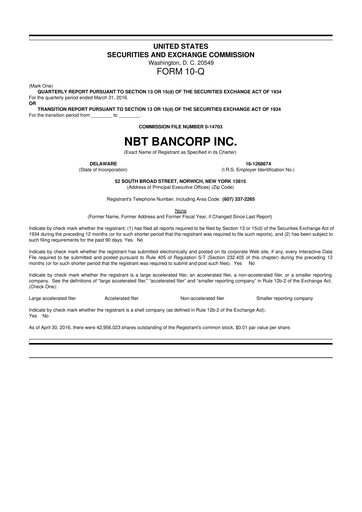 Thumbnail NBT Bancorp 10-Q Quarterly Report FY2016 
