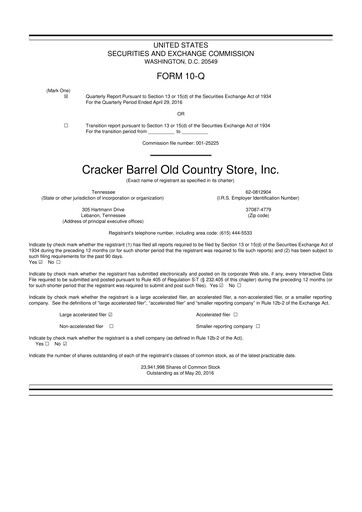 Miniature Cracker Barrel 10-Q Rapport trimestriel 2016 