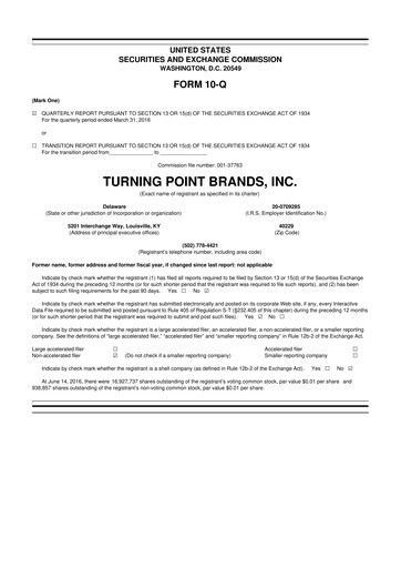 Miniature Turning Point Brands 10-Q Rapport trimestriel 2016 