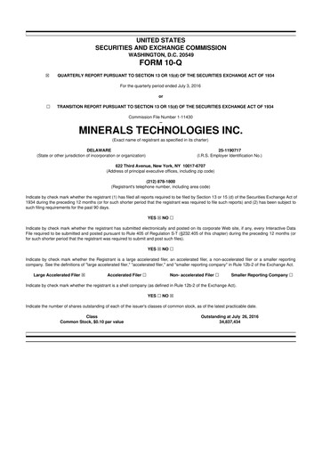 Thumbnail Minerals Technologies 10-Q Quarterly Report FY2016 