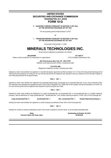 Thumbnail Minerals Technologies 10-Q Quarterly Report FY2016 