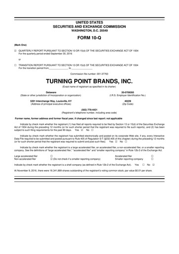 Miniature Turning Point Brands 10-Q Rapport trimestriel 2016 
