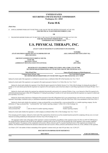 Miniature U.S. Physical Therapy, Inc. 10-K Rapport annuel 2016