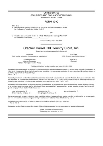 Miniature Cracker Barrel 10-Q Rapport trimestriel 2018 