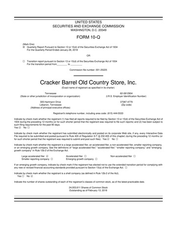 Miniature Cracker Barrel 10-Q Rapport trimestriel 2018 