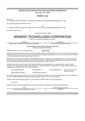 Thumbnail Sensient Technologies
 10-Q Quarterly Report FY2018 