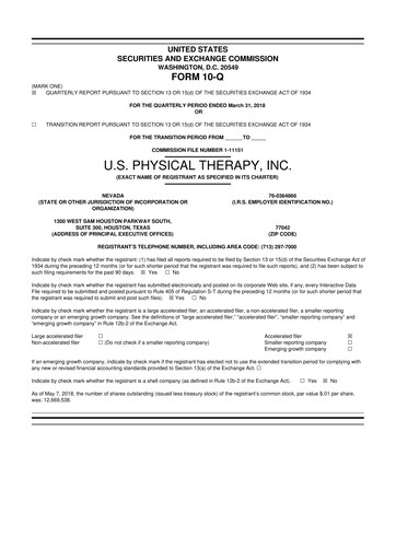 Thumbnail U.S. Physical Therapy, Inc. 10-Q Quarterly Report FY2018 