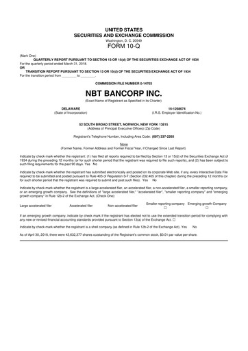 Thumbnail NBT Bancorp 10-Q Quarterly Report FY2018 