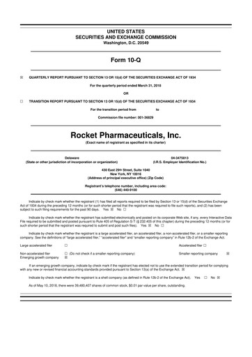 Thumbnail Rocket Pharmaceuticals
 10-Q Quarterly Report FY2018 