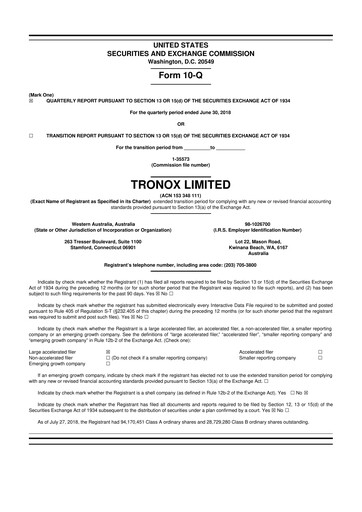 Thumbnail Tronox 10-Q Quarterly Report FY2018 
