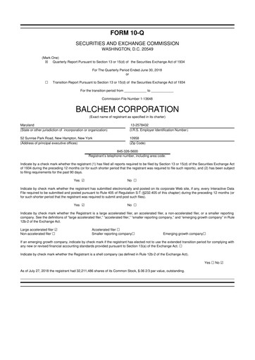 Thumbnail Balchem 10-Q Quarterly Report FY2018 