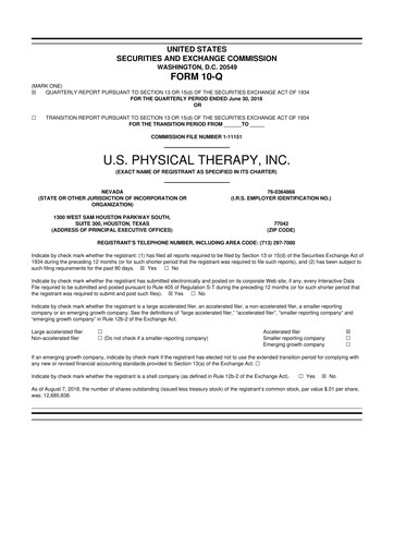 Thumbnail U.S. Physical Therapy, Inc. 10-Q Quarterly Report FY2018 