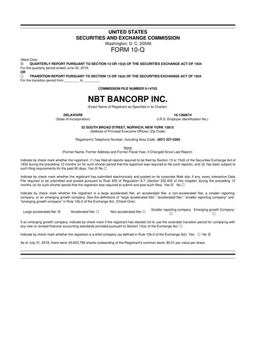 Thumbnail NBT Bancorp 10-Q Quarterly Report FY2018 