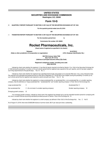Thumbnail Rocket Pharmaceuticals
 10-Q Quarterly Report FY2018 