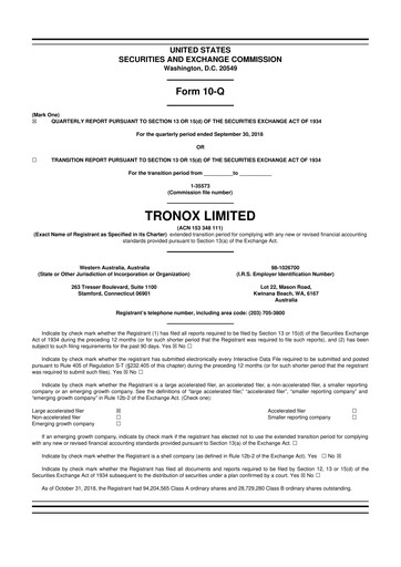 Thumbnail Tronox 10-Q Quarterly Report FY2018 