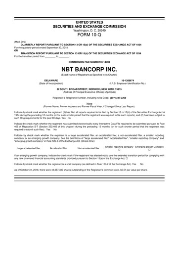 Thumbnail NBT Bancorp 10-Q Quarterly Report FY2018 
