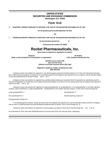 Thumbnail Rocket Pharmaceuticals
 10-Q Quarterly Report FY2018 
