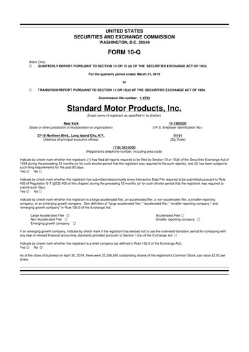 Thumbnail Standard Motor Products 10-Q Quarterly Report FY2019 