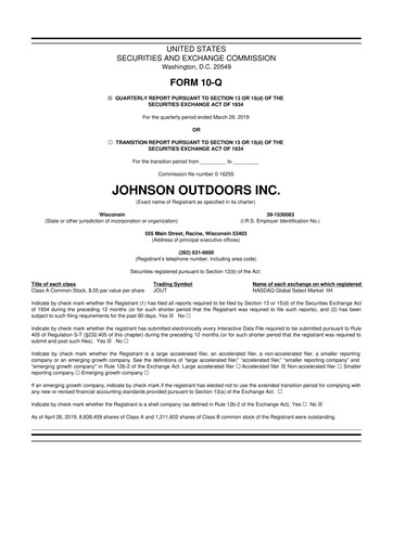 Thumbnail Johnson Outdoors
 10-Q Quarterly Report FY2019 