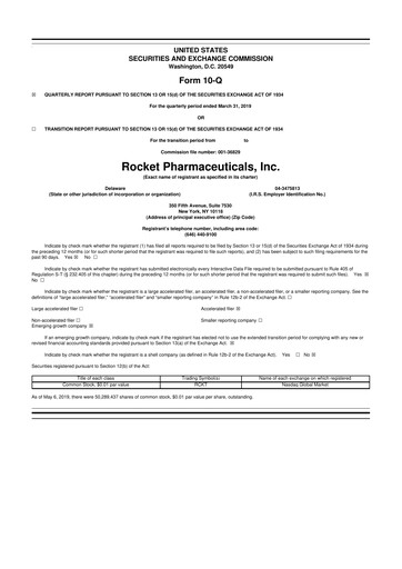 Thumbnail Rocket Pharmaceuticals
 10-Q Quarterly Report FY2019 