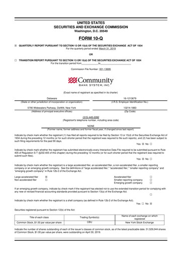 Thumbnail Community Financial System 10-Q Quarterly Report FY2019 