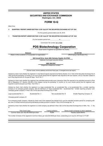 Miniature PDS Biotechnology
 10-Q Rapport trimestriel 2019 