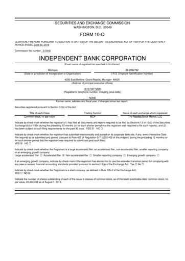 Thumbnail Independent Bank Corporation 10-Q Quarterly Report FY2019 