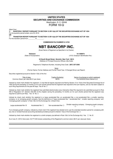 Thumbnail NBT Bancorp 10-Q Quarterly Report FY2019 