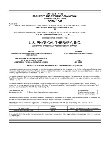 Thumbnail U.S. Physical Therapy, Inc. 10-Q Quarterly Report FY2019 