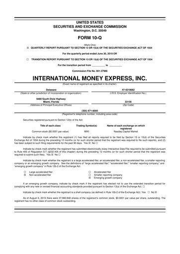 Thumbnail International Money Express 10-Q Quarterly Report FY2019 