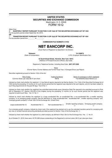 Thumbnail NBT Bancorp 10-Q Quarterly Report FY2019 