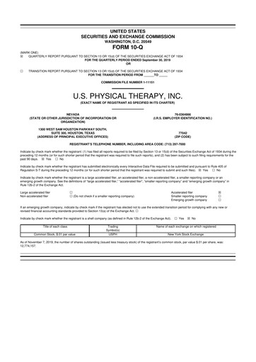 Thumbnail U.S. Physical Therapy, Inc. 10-Q Quarterly Report FY2019 