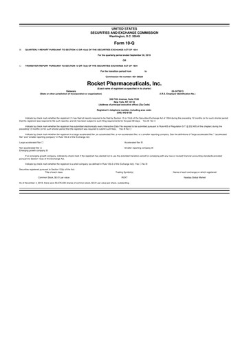 Thumbnail Rocket Pharmaceuticals
 10-Q Quarterly Report FY2019 