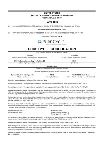 Thumbnail Pure Cycle (water) 10-K Annual Report 2019