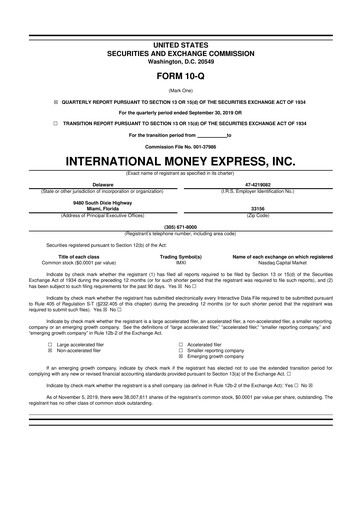 Thumbnail International Money Express 10-Q Quarterly Report FY2019 