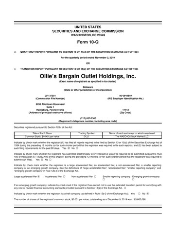 Thumbnail Ollie's Bargain Outlet
 10-Q Quarterly Report FY2019 