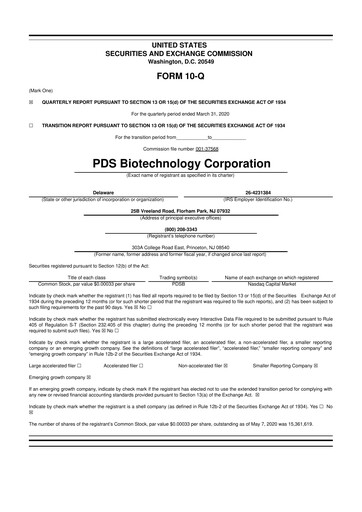 Miniature PDS Biotechnology
 10-Q Rapport trimestriel 2020 