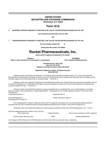 Thumbnail Rocket Pharmaceuticals
 10-Q Quarterly Report FY2020 