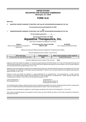 Thumbnail Aquestive Therapeutics
 10-Q Quarterly Report FY2020 