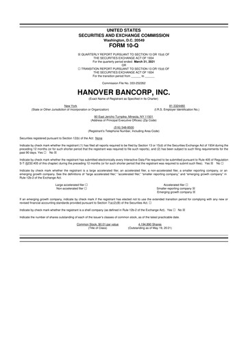 Miniature Hanover Bancorp 10-Q Rapport trimestriel 2021 